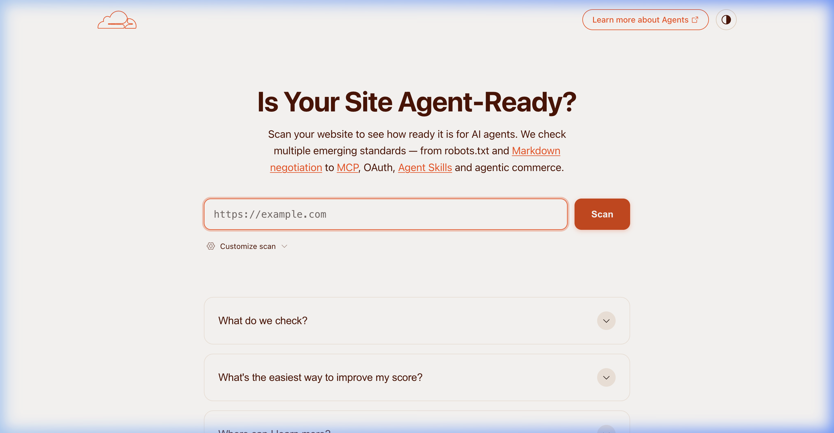 Cloudflare Agent Readiness tool scanning a website for AI agent compatibility